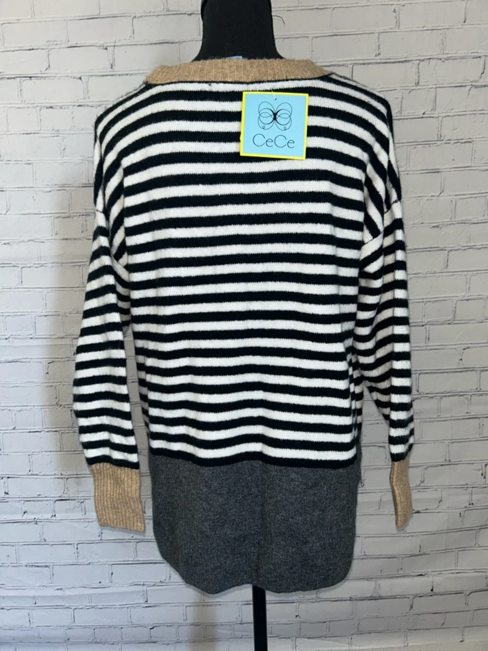 NWT CeCe Striped Black & White Drop-Shoulder Sweater with Taupe Trim - Picture 4 of 5